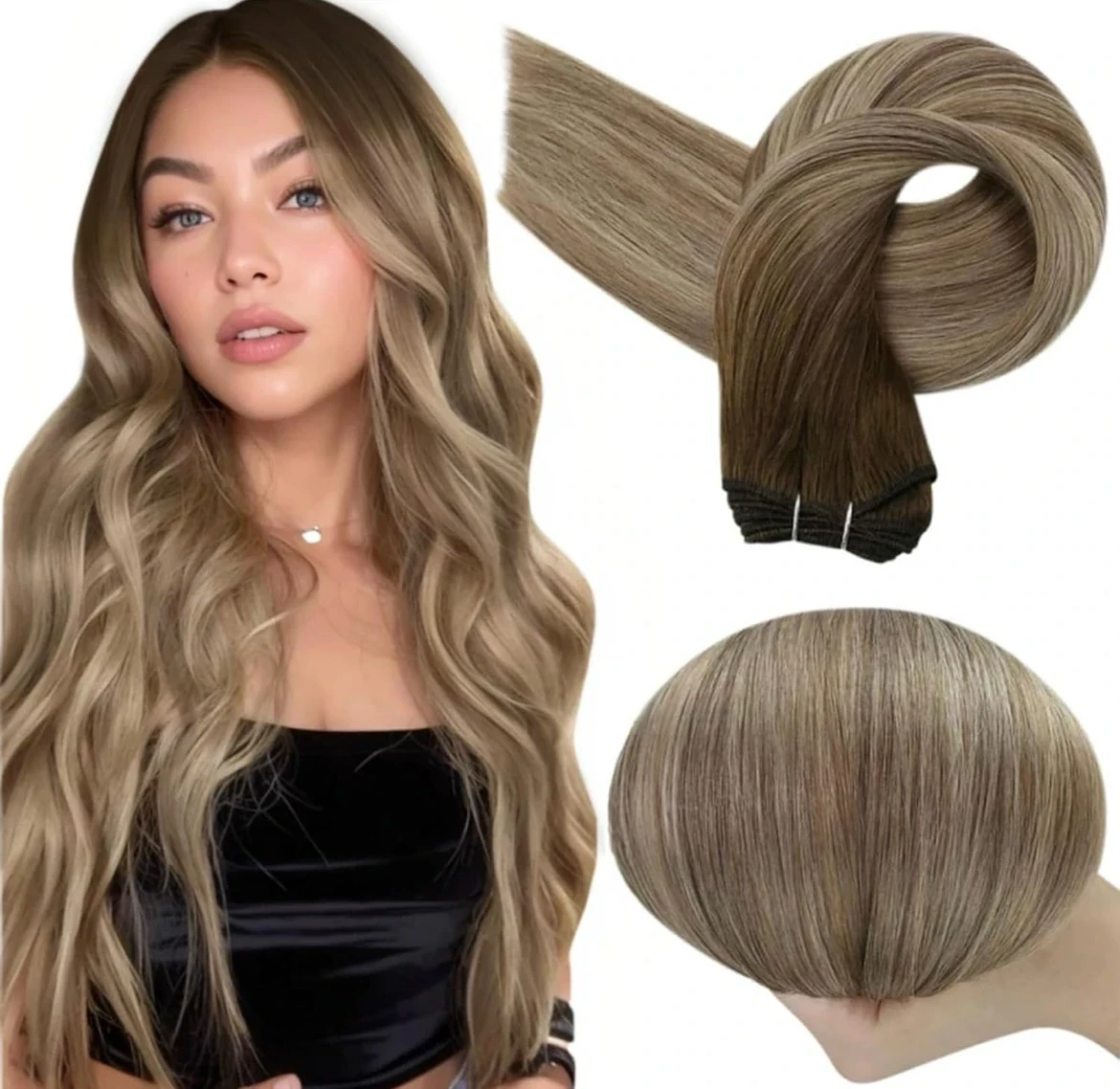 extensiones cabello humano, para extensiones cosidas, (105 g), 12 pulgadas, castaño dorado #3 a mezcla de castaño cenizo #8 rubio #22