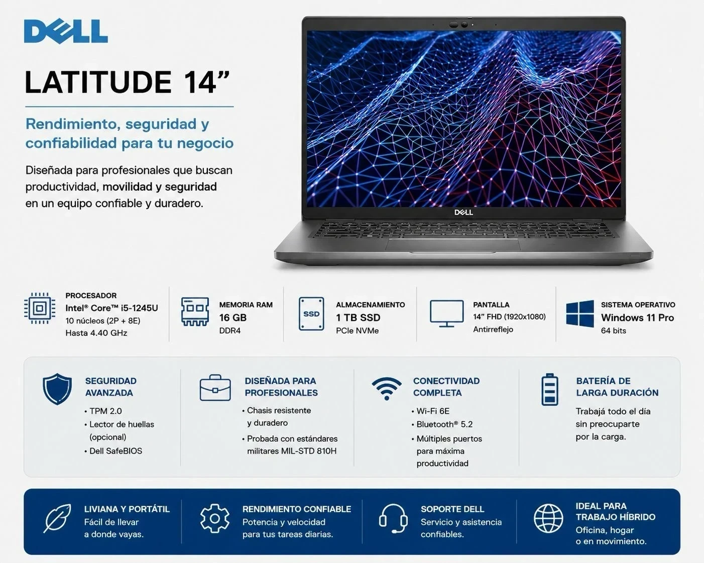 Notebook Dell Latitude 14" (Intel Core I5-1245u | 16Gb Ram | 1Tb Ssd | Windows 11 Pro