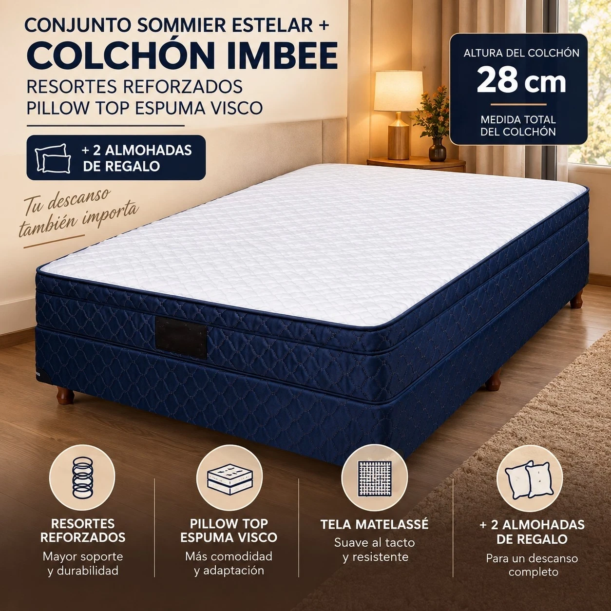  SOMMIER ESTELAR DE RESORTES + COLCHÓN IMBEE PILLOW TOP — ESPUMA VISCO + 2 ALMOHADAS DE REGALO CONSULTAR DISPONIBILIDAD CON EL VENDEDOR  