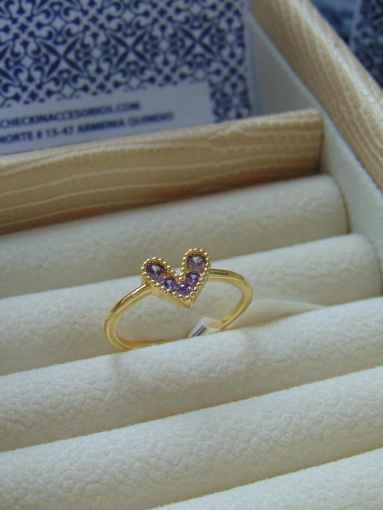 ANILLO ACERO DOR LINEA CORAZON LILA 2