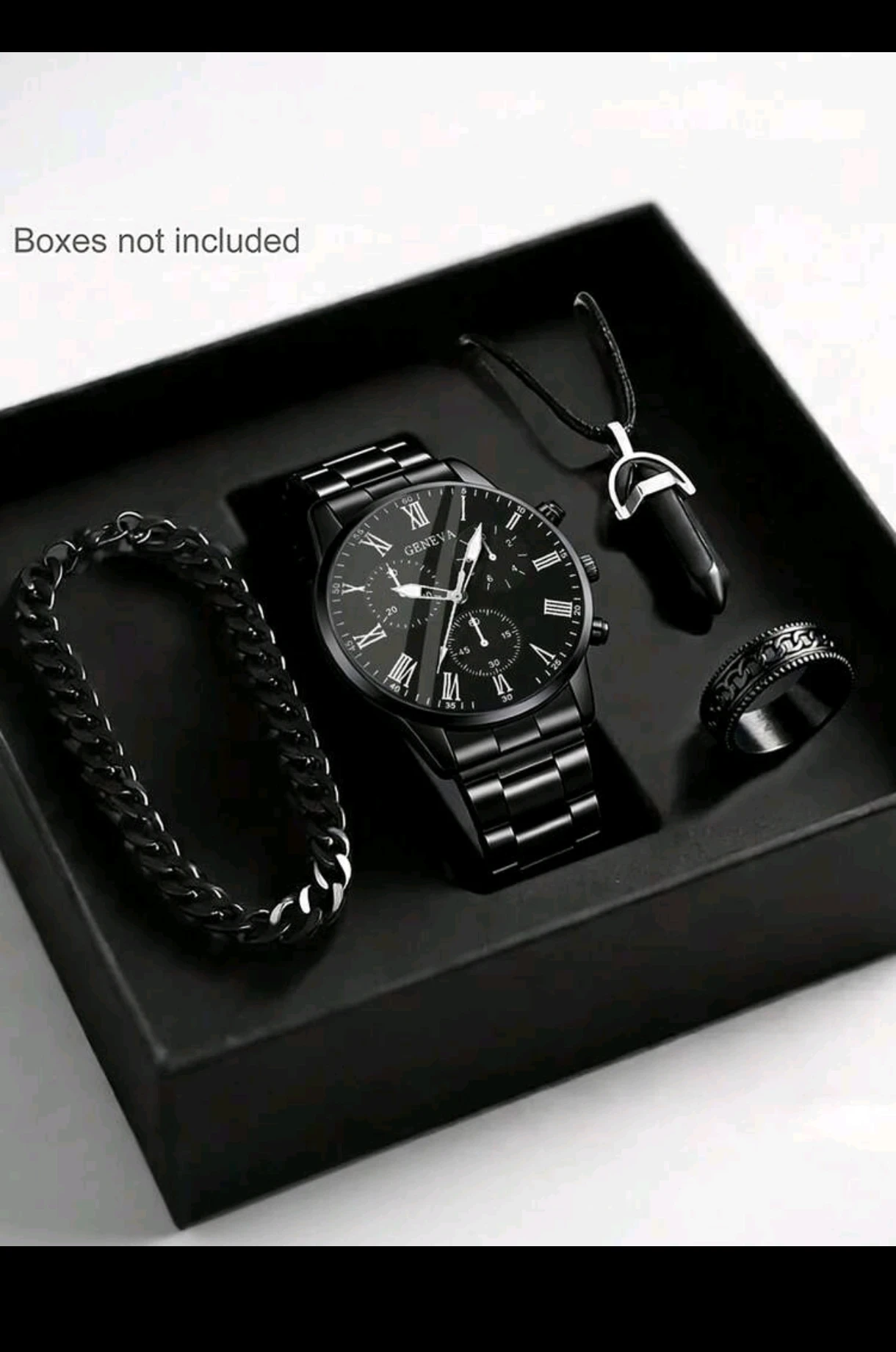 Accesorios para Hombre 4 en 1 – Reloj de Cuarzo Geneva Negro, Pulsera Eslabón, Collar con Dije y Anillo Casual