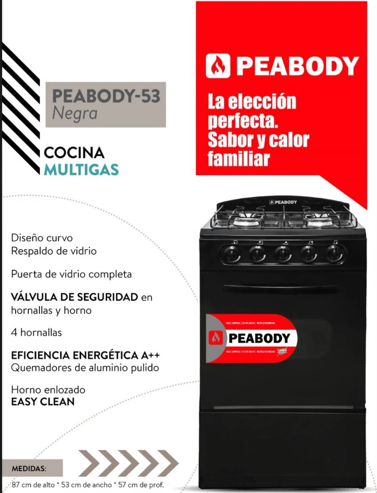 COCINA PEABODY GLASS MULTIGAS 53CM  SP84&nbsp;