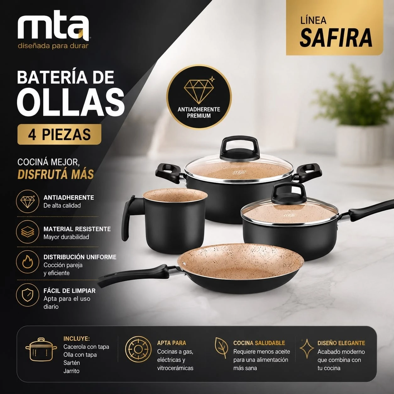 BATERIA DE OLLAS MTA SAFIRA 4 PIEZAS