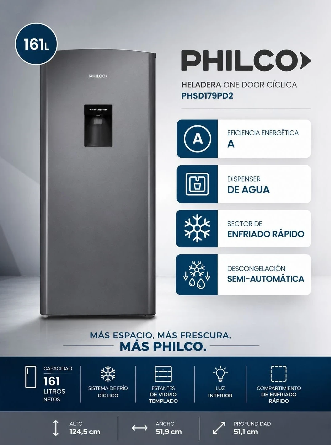 HELADERA PHILCO SILVER C/DISPENSER 161 LTS 