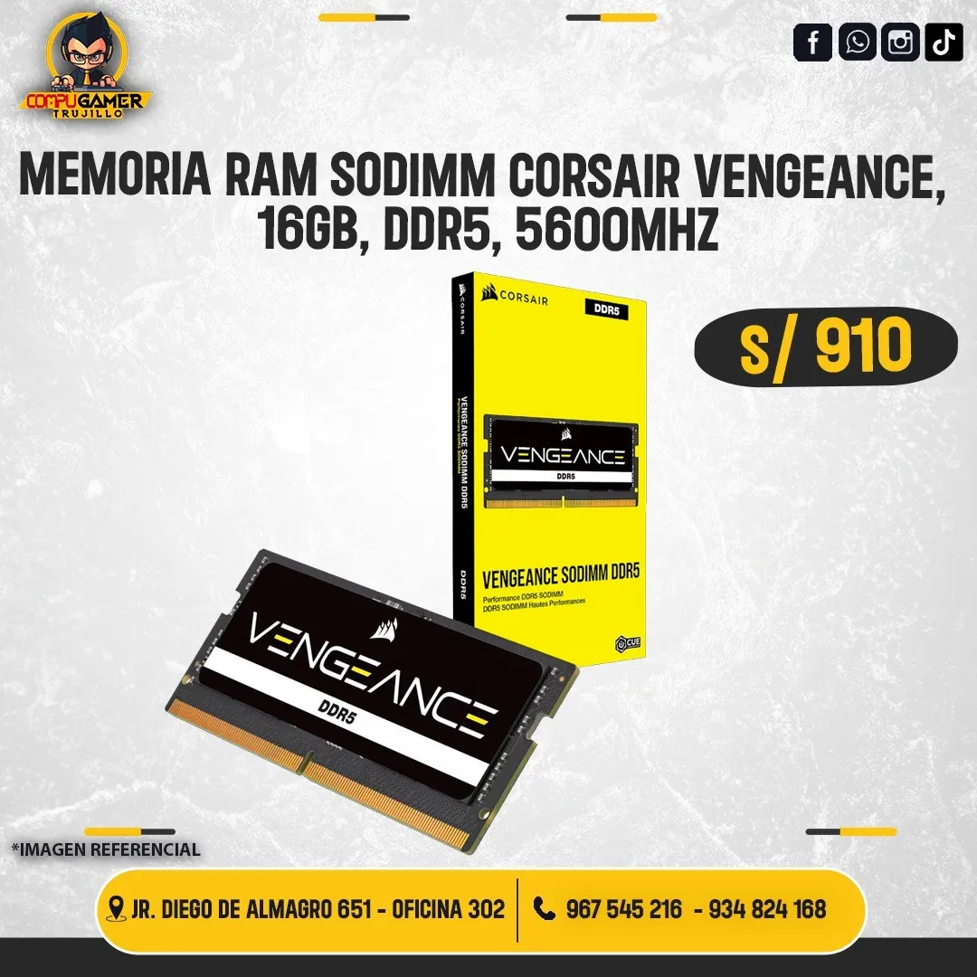 MEMORIA RAM SODIMM CORSAIR VENGEANCE, 16GB, DDR5, 5600MHZ 