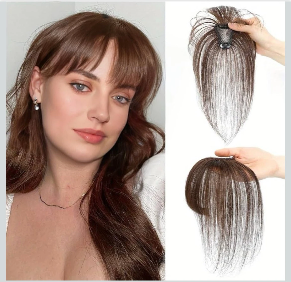 Cubrecabello humano 3D con flequillo, cobertura de 360°, malla cosida a mano en forma de T transpirable con clips, flequillo aireado 3D 