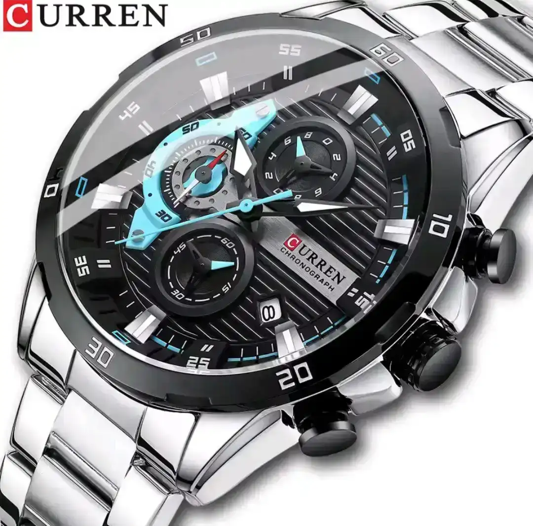 Reloj Curren Original Acero Cronografo 8402 Plateado Fondo Negro Detalles Azul Cielo