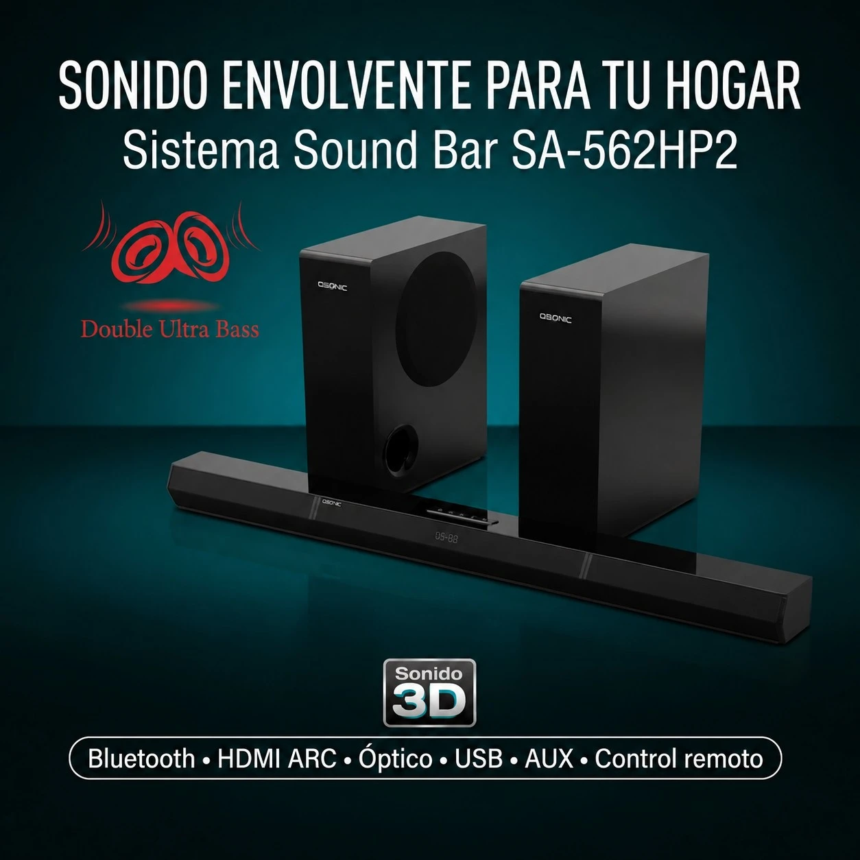 BARRA DE SONIDO 2.1 Q-SONIC, BT, USB, FM, AUX CON CONTROL
