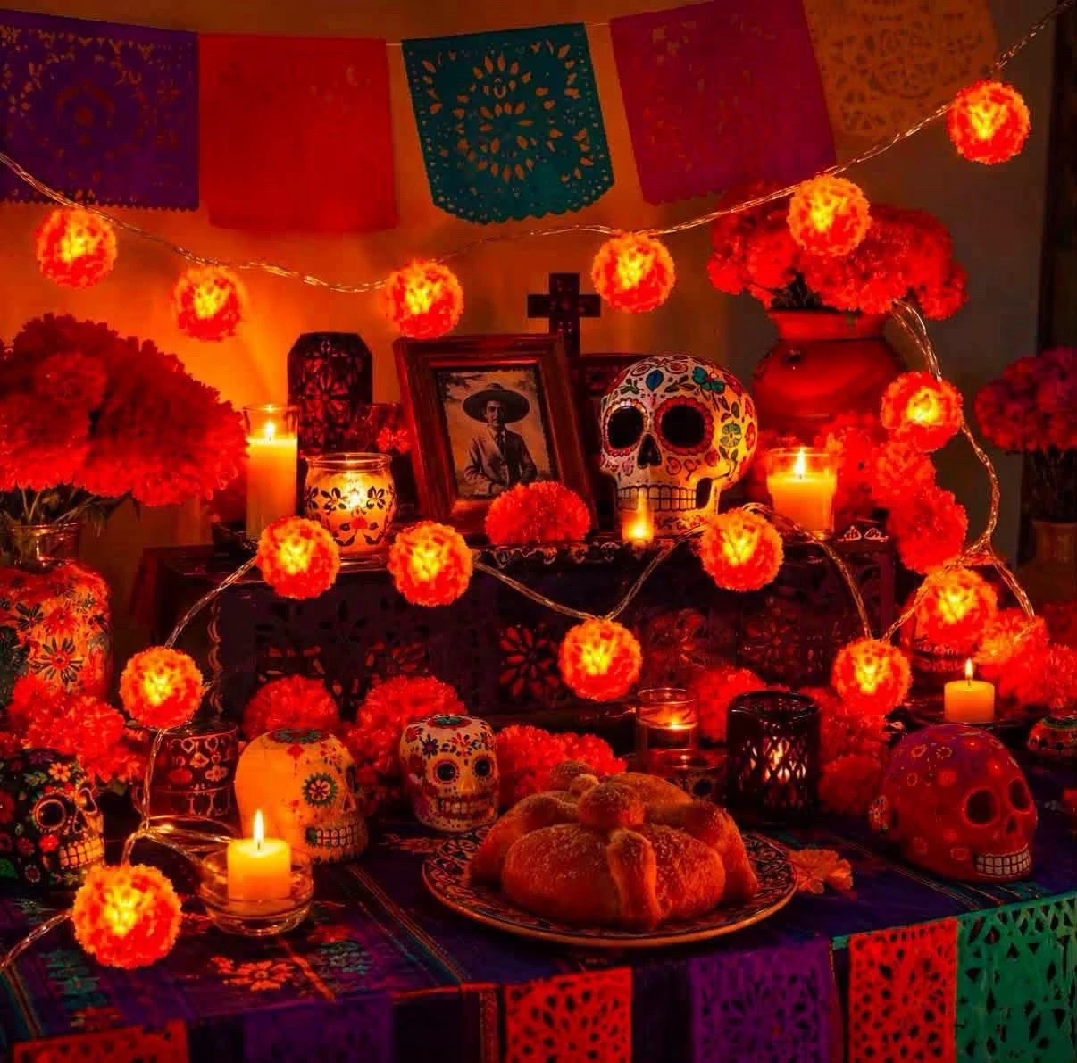 Guirlanda de Luces LED Flor de Cempasúchil (2.5 m) – Ideal para Ofrenda de Día de Muertos 2