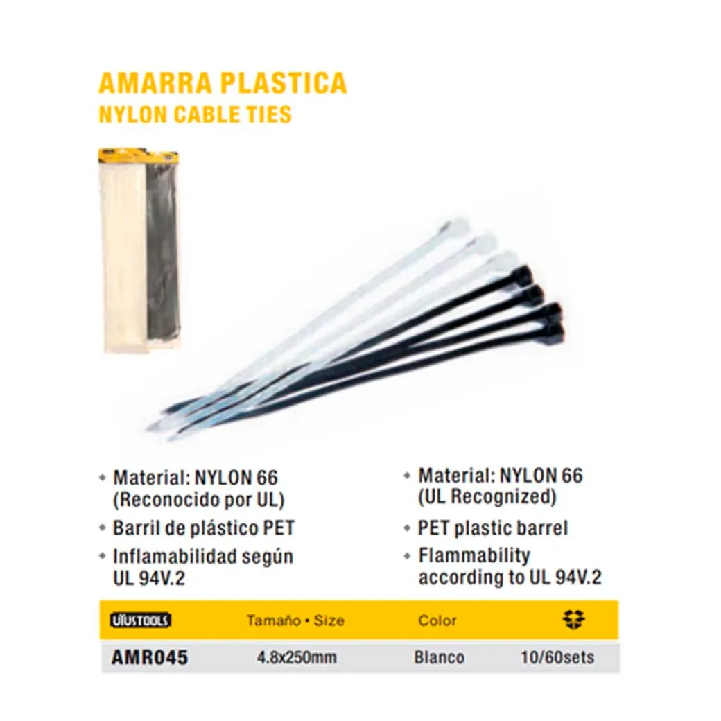 PRECINTO (Amarra) PLASTICO Blanco UYUST 4.8x250mm (100pz/bol)