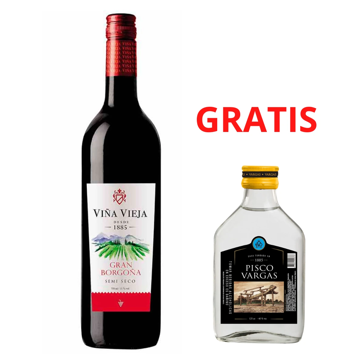 PACK VIÑA VIEJA BORGOÑA 750 ML + PISCO VARGAS 125 ML