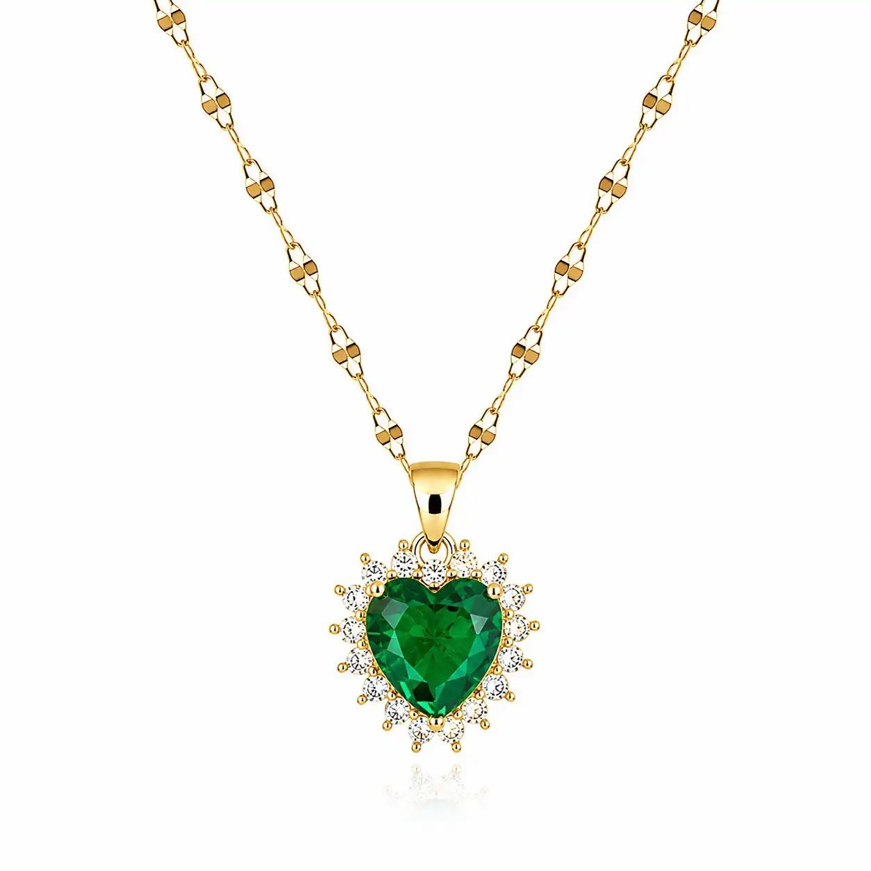 Cadena Y Dije En Acero Con Piedra Circon De Corazon Verde Esmeralda