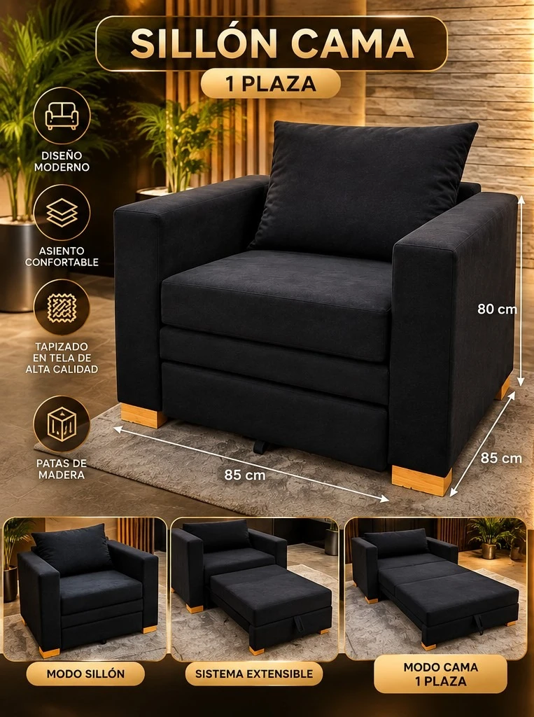 SILLÓN CAMA 1 PLAZA – NEGRO *CONSULTA DISPONIBILIDAD CON EL VENDEDOR*