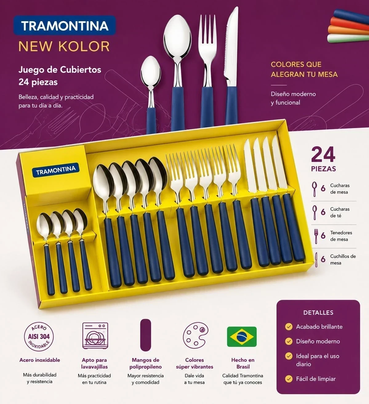 SET DE CUBIERTOS TRAMONTINA, NEW COLOR 24PZAS