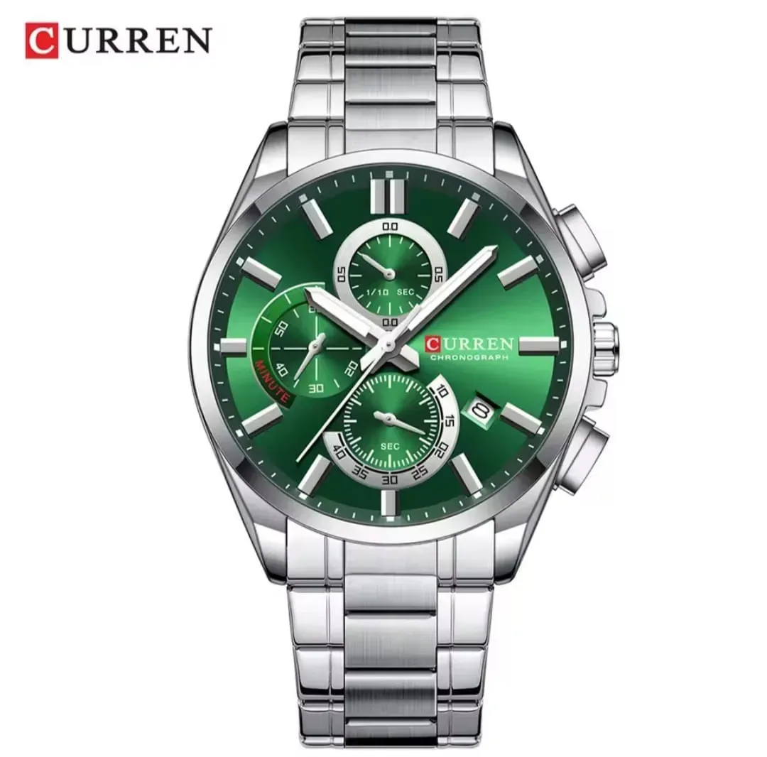 Reloj Curren Original Acero Cronografo 8475 Plateado Fondo Verde