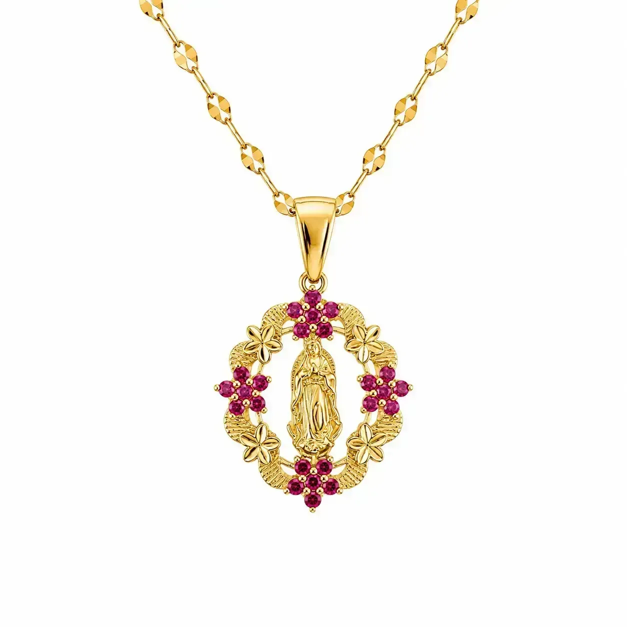 Cadena Y Dije En Acero Con Piedra Circon De Virgen Flores Fucsias