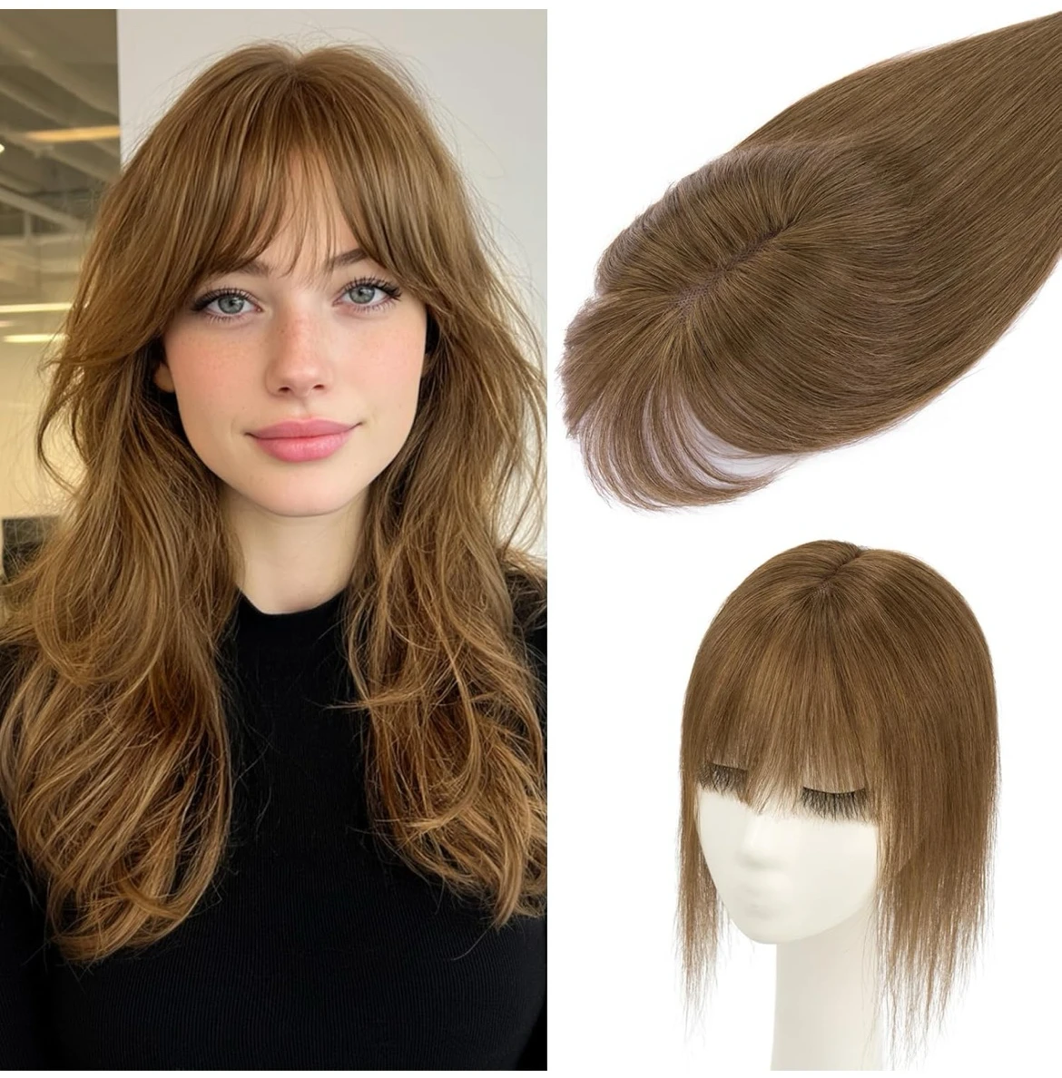 Toppers para el cabello para mujer, cabello humano real 360° 3D con clip en flequillo para adelgazar 150% de densidad, pelucas de cobertura larga para uso diario, color marrón medio #04,