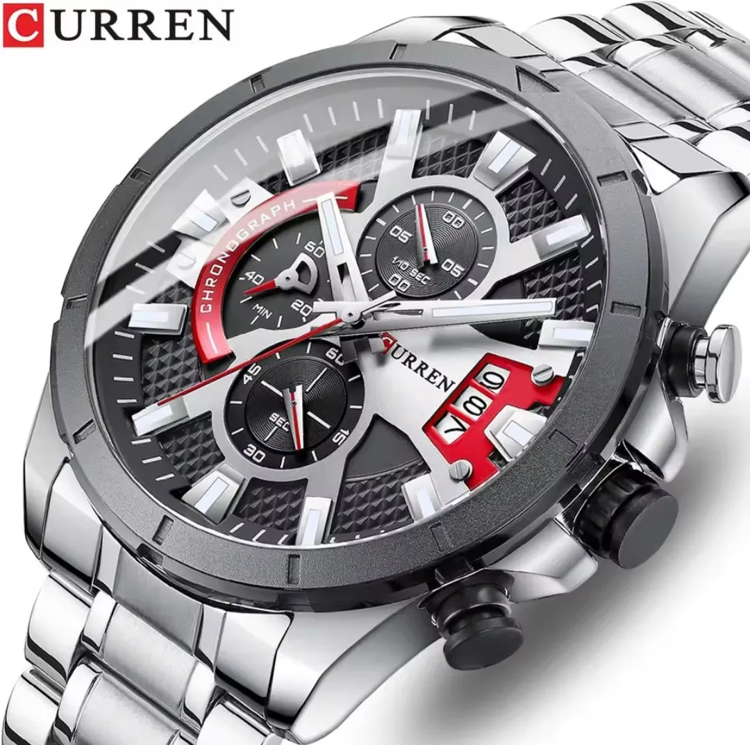 Reloj Curren Original Acero Cronografo 8401 Plateado Fondo Negro Plateado Rojo