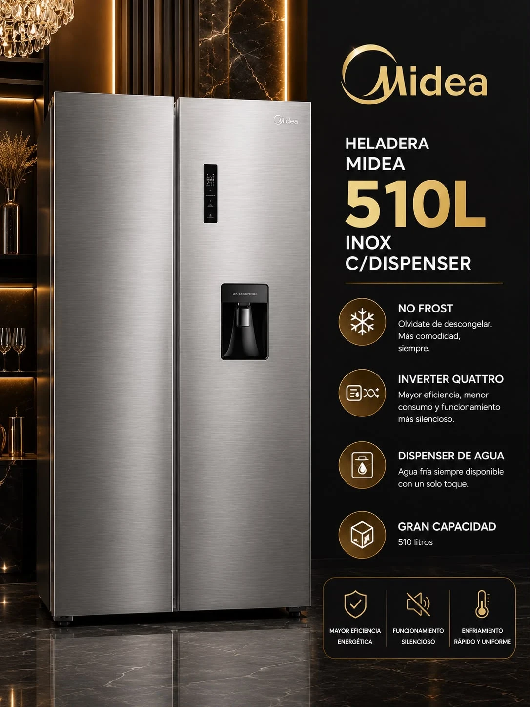 HELADERA NO FROST INVERTER SIDE BY SIDE 510LTS DISPENSER INOX ‼️SOLO POR PEDIDOS ‼️ 