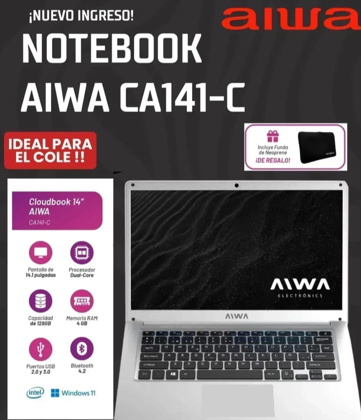 NOTEBOOK AIWA CA141-C PANTALLA 14,1" 128SSD, 4GB RAM INTEL CELERON N4020