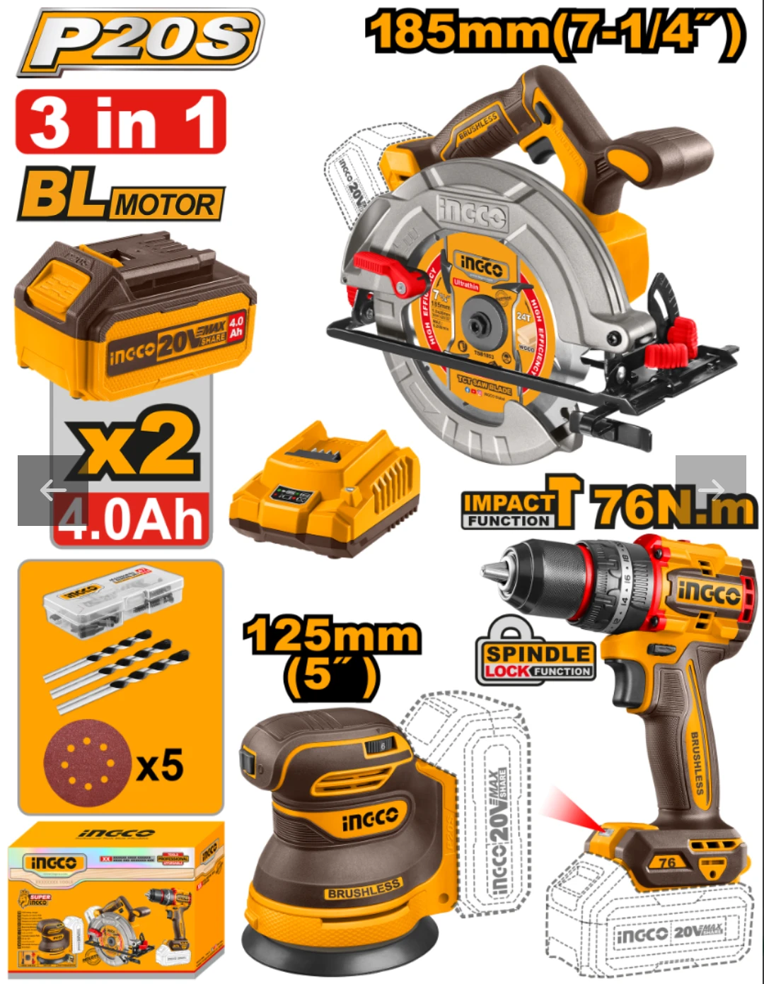 KIT COMBO A BATERIA P20S BRUSHLESS SIERRA CIRCULAR + LIJADORA ROTO ORBITAL + TALADRO ATORNILLADOR C/PERCUTOR 76NM + 2 BA