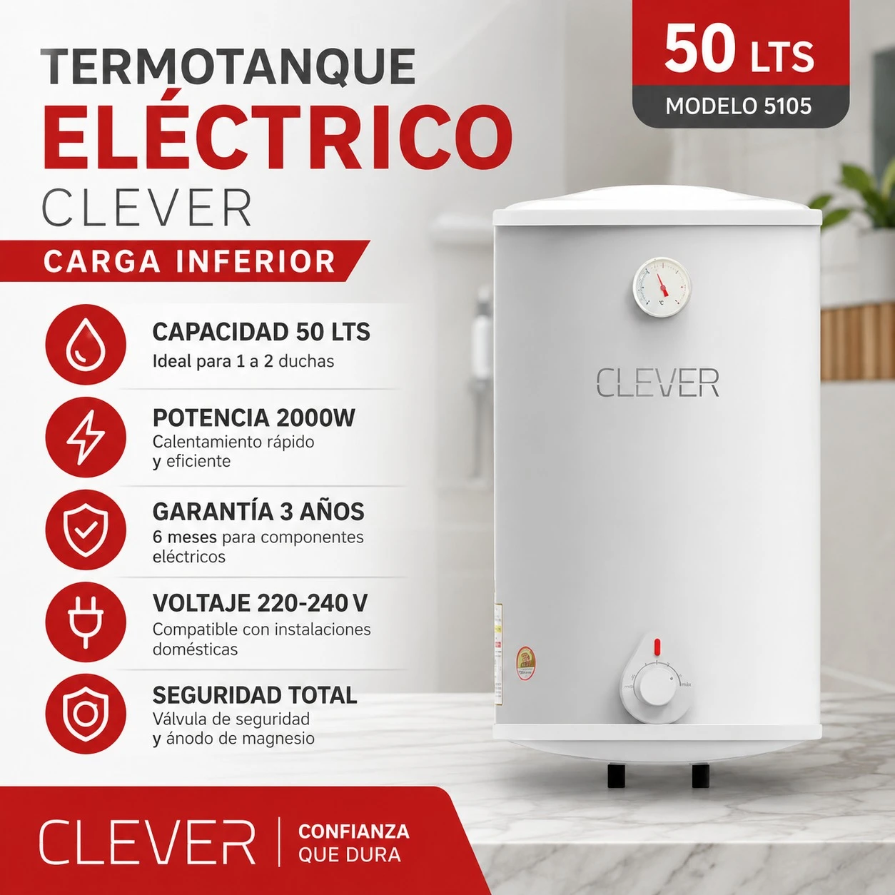 TERMOTANQUE ELÉCTRICO CLEVER 50 LTS - MODELO 5105