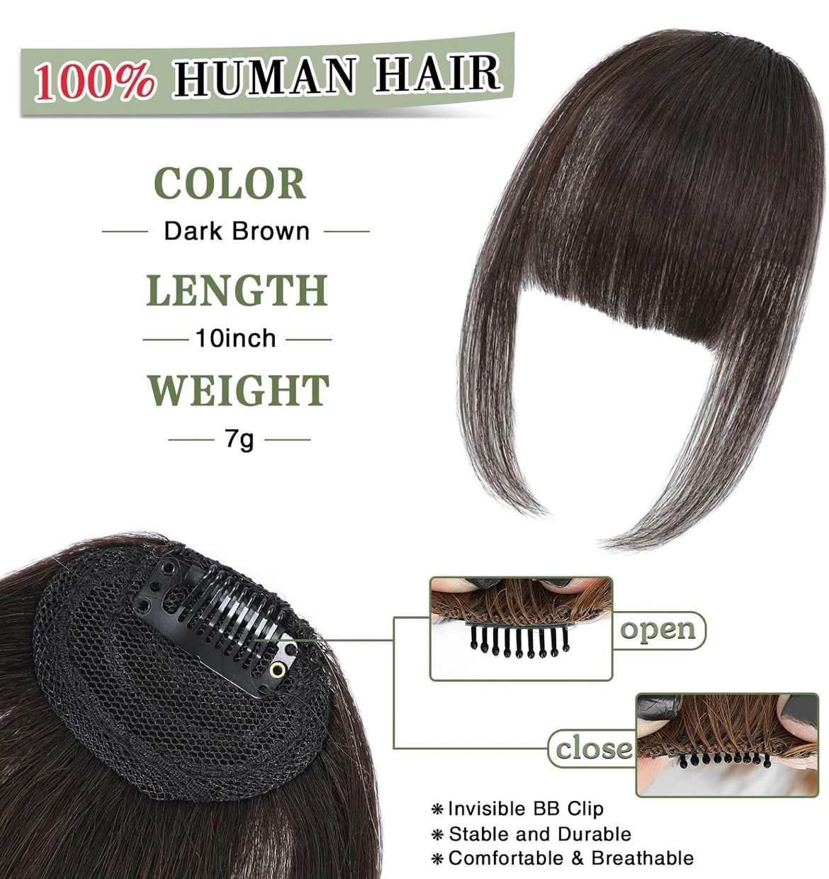 Flequillo con clip para mujer, 100 % cabello humano real, flequillo falso para uso diario (marrón oscuro, flequillo delgado) 2