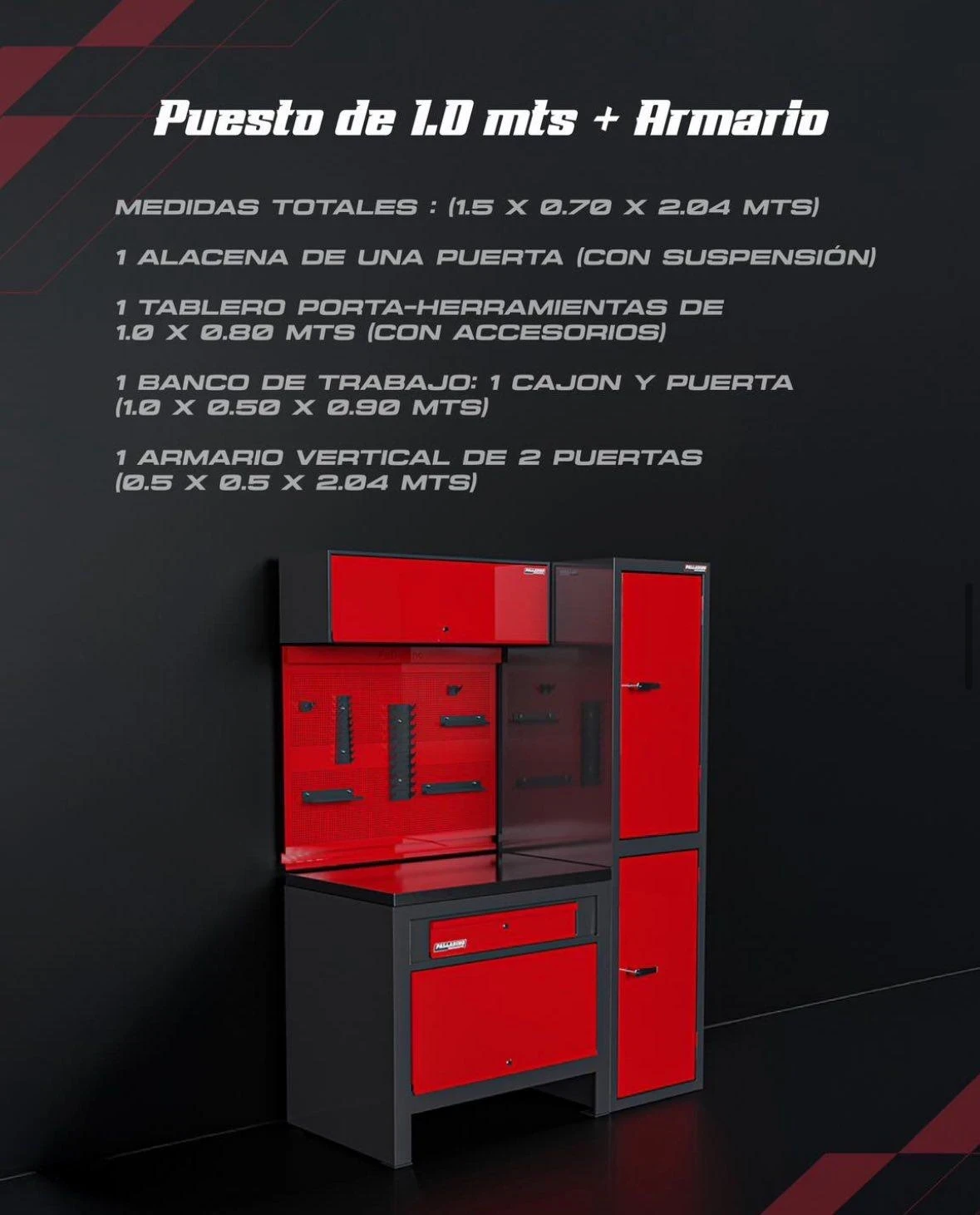Banco de trabajo 1mts x 0,50 x 0,90 mts + tablero de 1 mts x 0,80 + alacena con suspensión 0,96 x 0,30 x 0,30 mts + armario chico 0,49 x 0,50 x 2,04mts