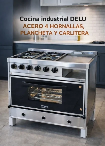 COCINA INDUSTRIAL DELU 4 HORNALLAS, PLANCHETA Y CARLITERA TAPA VIDRIO