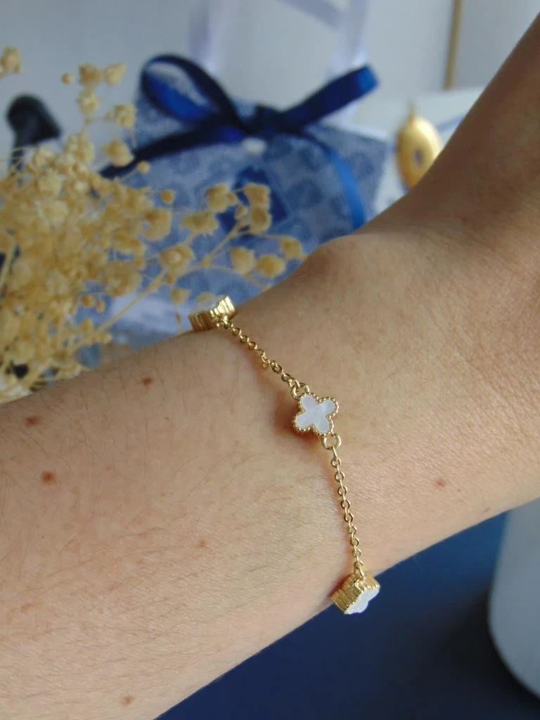 PULSERA RODIO DOR TREBOL BLANCO 7MM | 20CM LARGO 