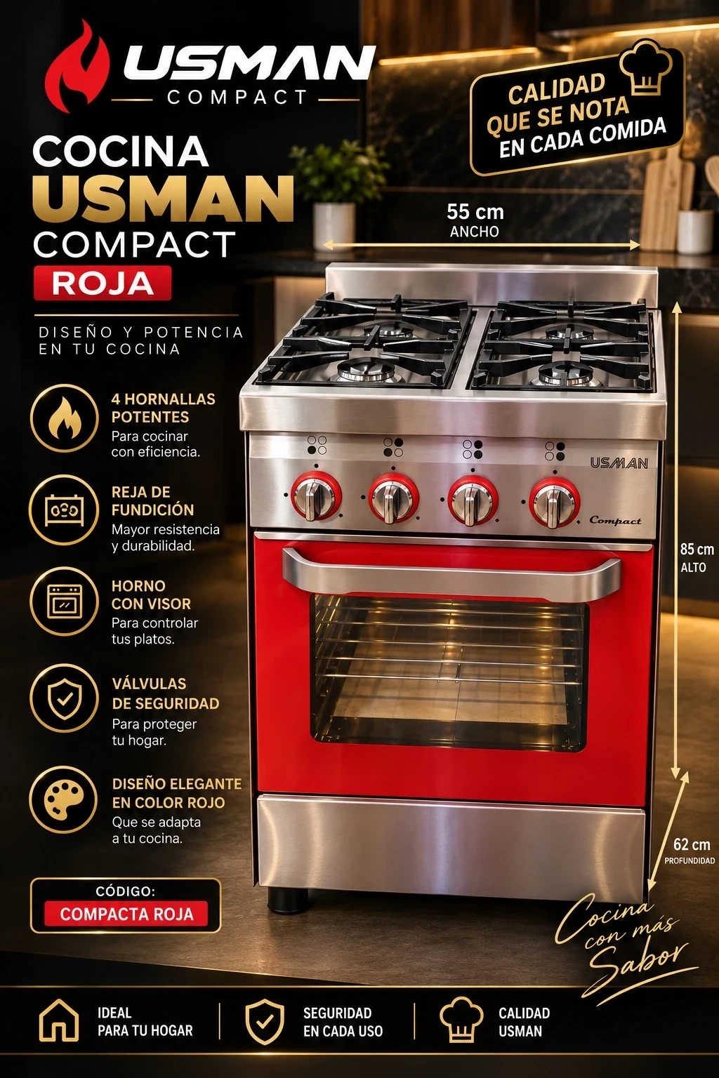 COCINA USMAN COMPACT ROJA 4 H *CONSULTAR DISPONIBILDAD CON EL VENDEDOR*