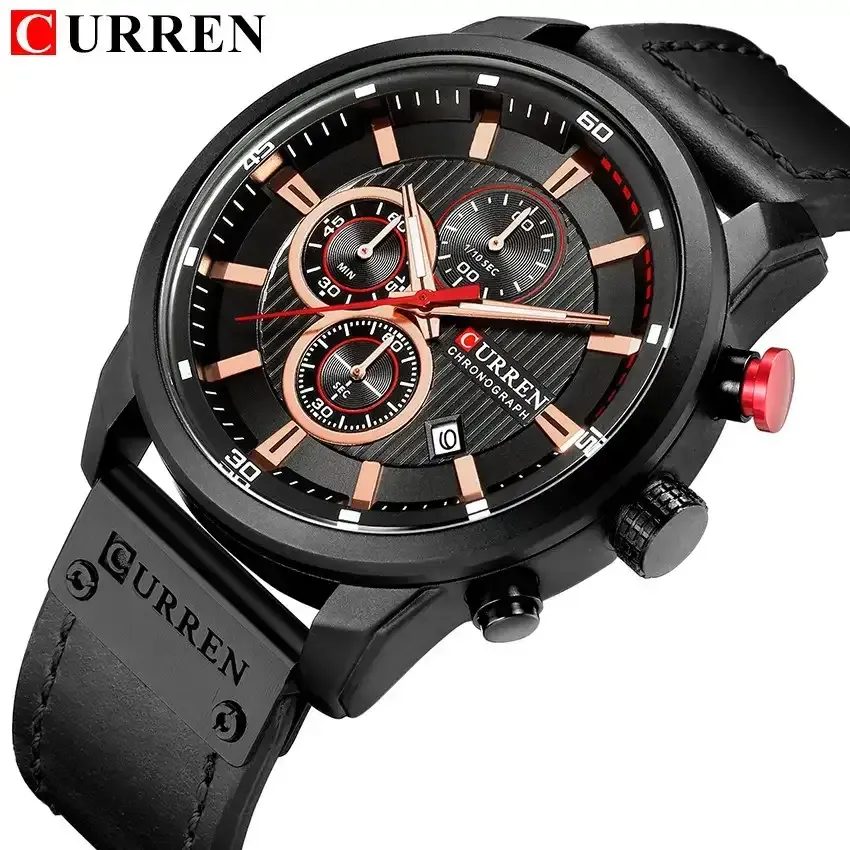 Reloj Curren Original Pulso Cuero Cronografo 8291 Pulso Negro Fondo Negro