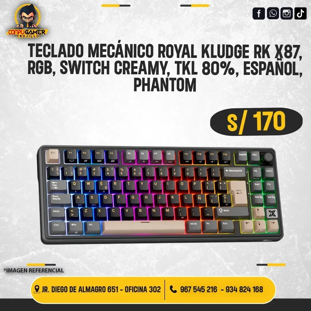 TECLADO MECÁNICO ROYAL KLUDGE RK X87, RGB, SWITCH CREAMY, TKL 80%, ESPAÑOL, PHANTOM