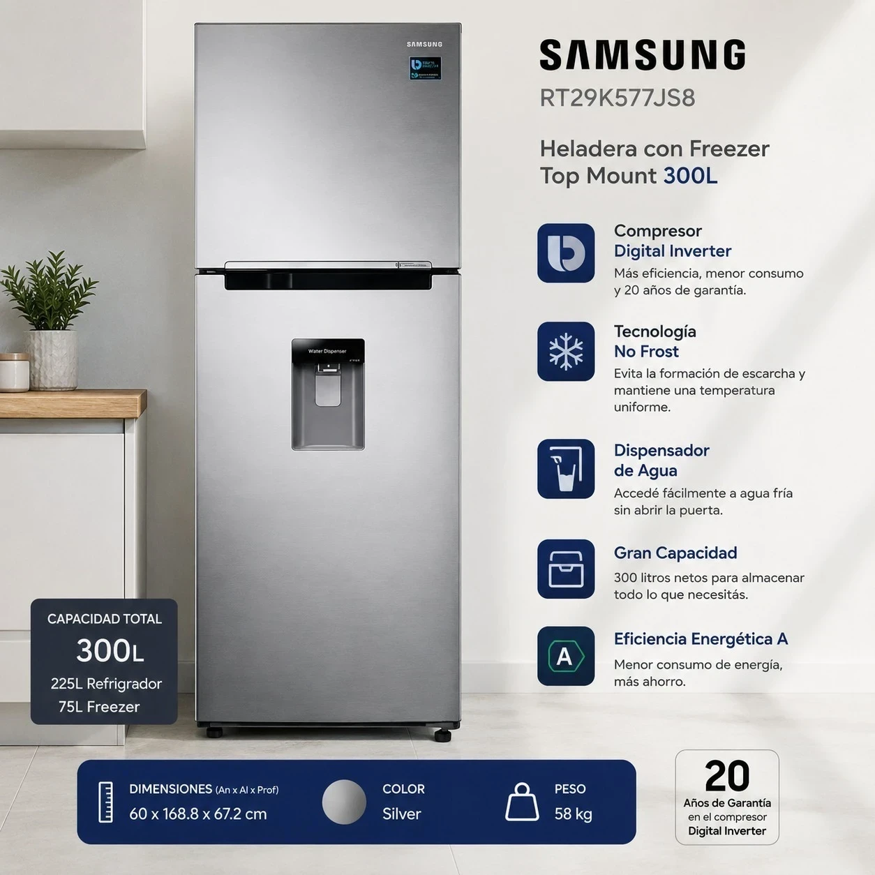 HELADERA SAMSUNG RT29K577JS8 300 LTS NO FROST CON DISPENSER SILVER 