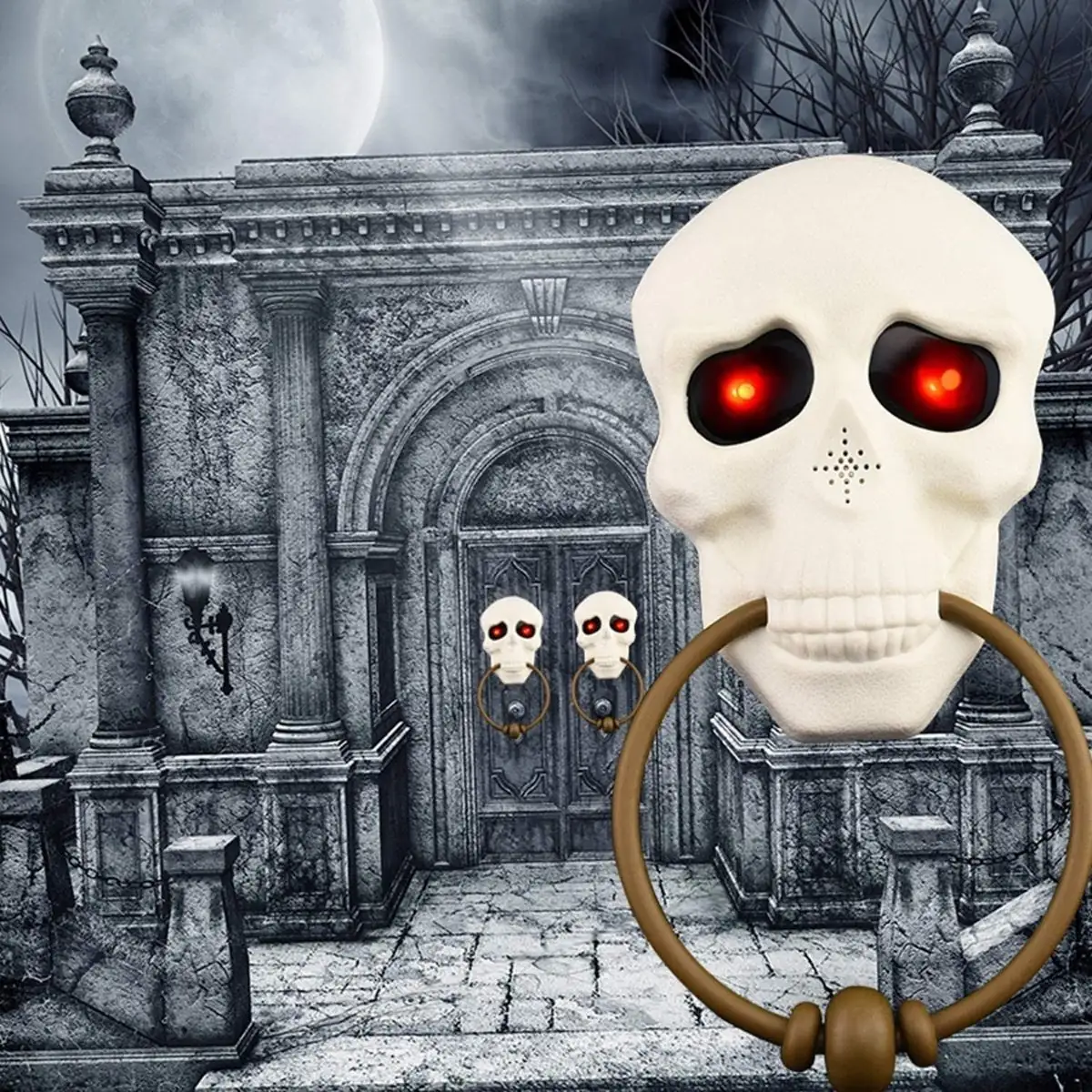 Adorno Halloween Día de muertos Timbre puerta calavera con LED y sonido 