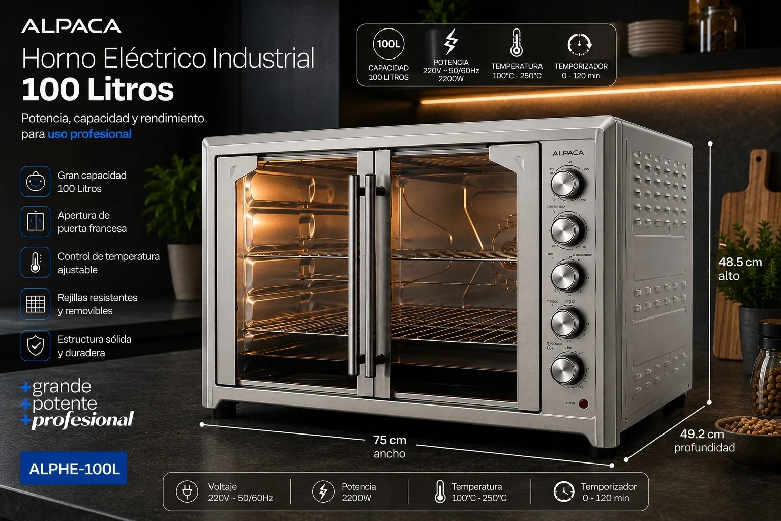 HORNO ELECTRICO INDUSTRIAL ALPACA 100LTS DOBLE PUERTA CON SPIEDO