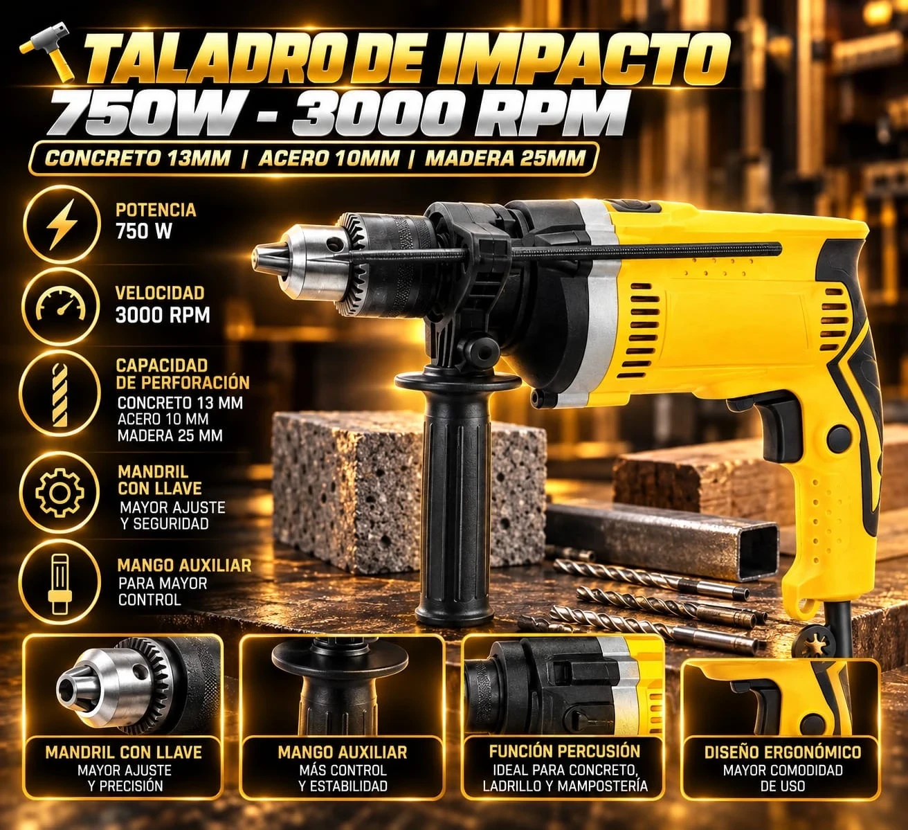 TALADRO DE IMPACTO 750W – 3000 RPM