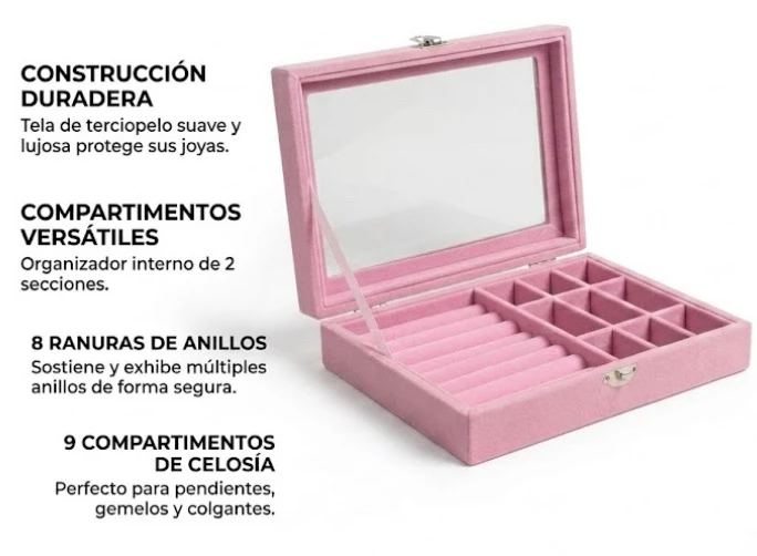 Joyero Premium Velvet: Organizador de Accesorios con Tapa de Cristal 2