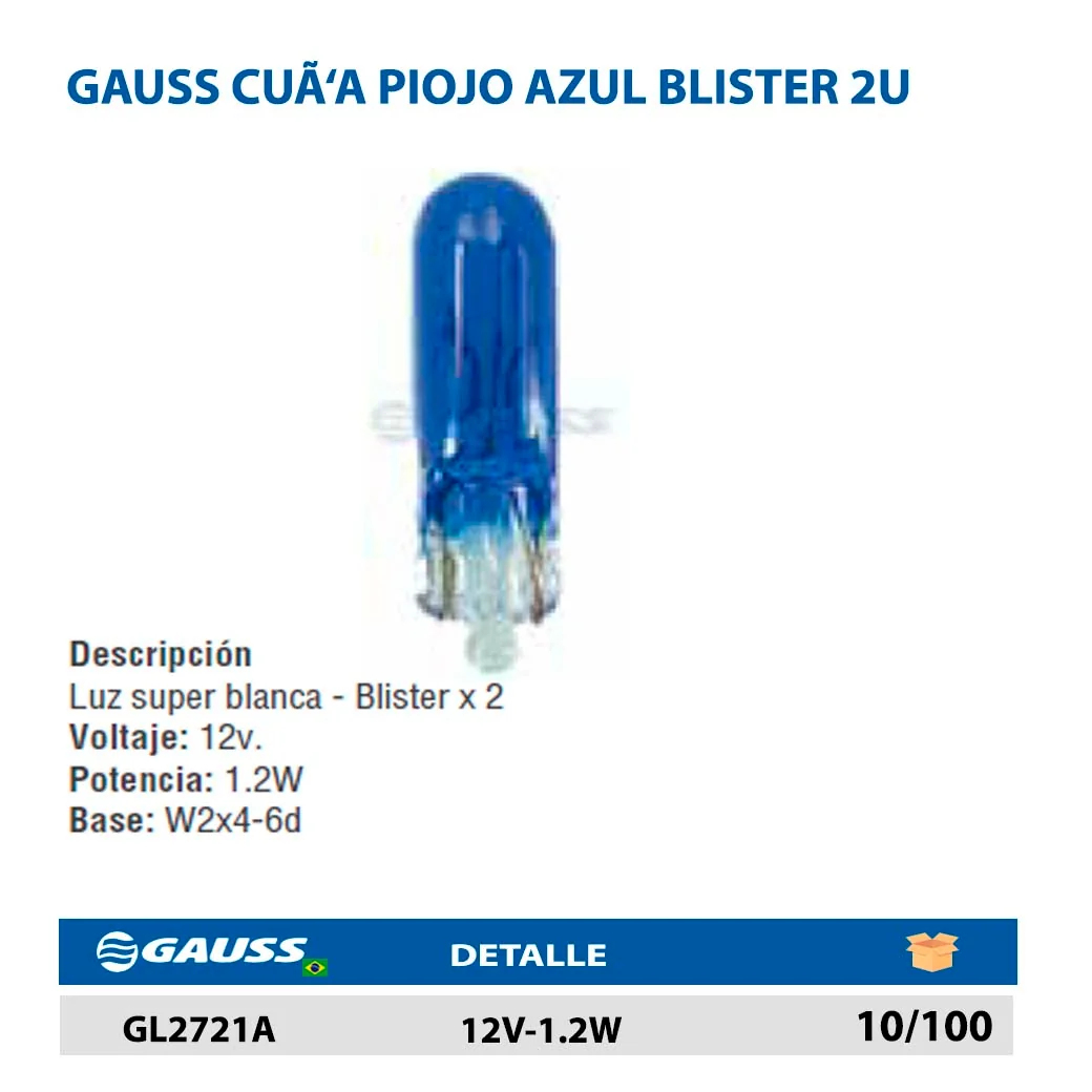 GAUSS CUÑA PIOJO AZUL BLISTER 2U 12V-1.2W