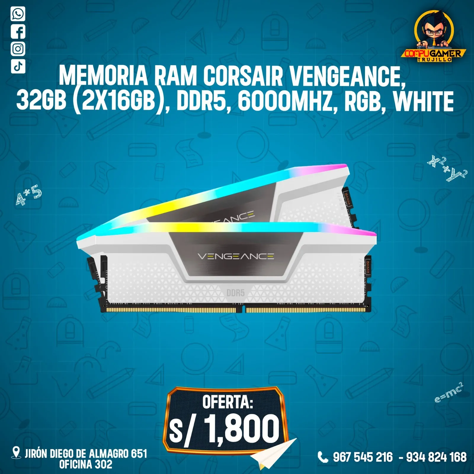 MEMORIA RAM CORSAIR VENGEANCE, 32GB (2X16), DDR5, 6000MHZ, RGB, WHITE