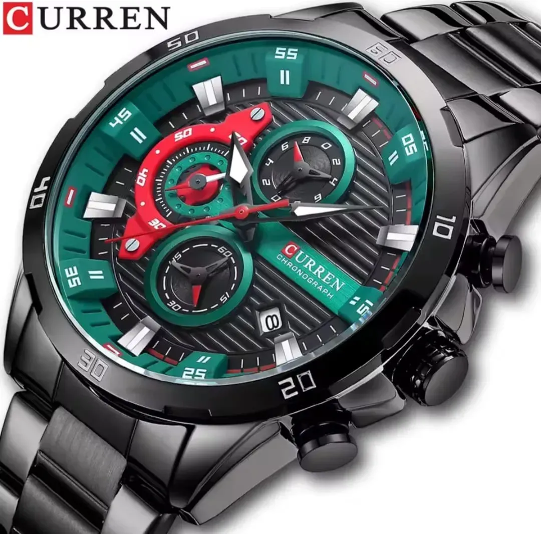 Reloj Curren Original Acero Cronografo 8402 Negro Fondo Negro Detalles Verdes Con Rojo