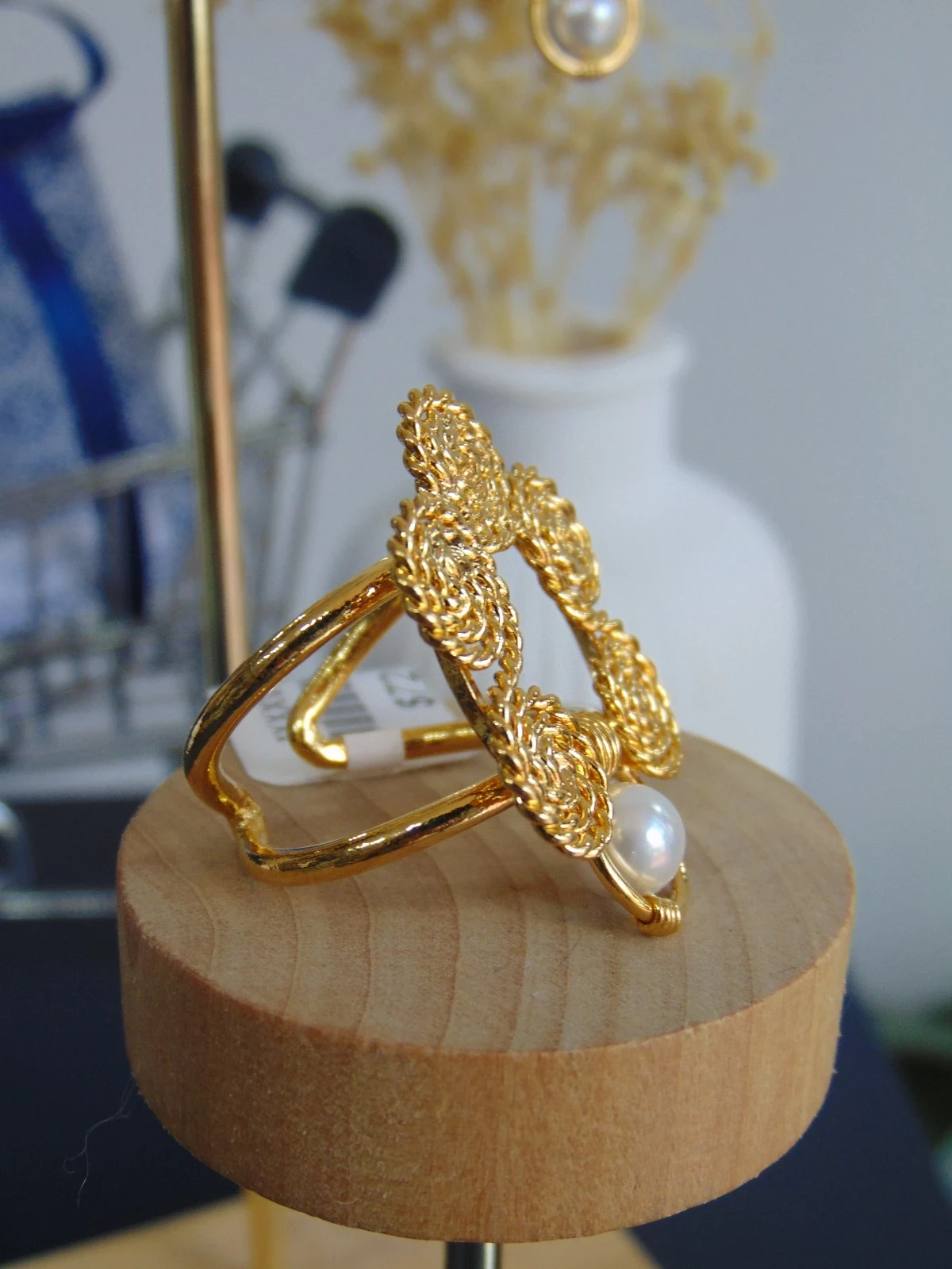 ANILLO BAÑO DE ORO 24K AROS ENTORCHADOS PERLA 3