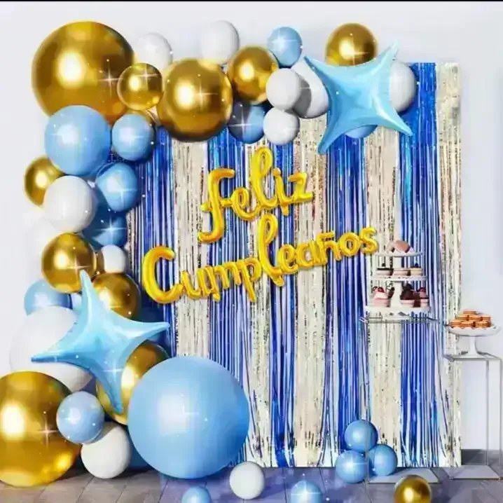 Set guirnalda globos c/cortina celeste/ dorado 59 pcs 3