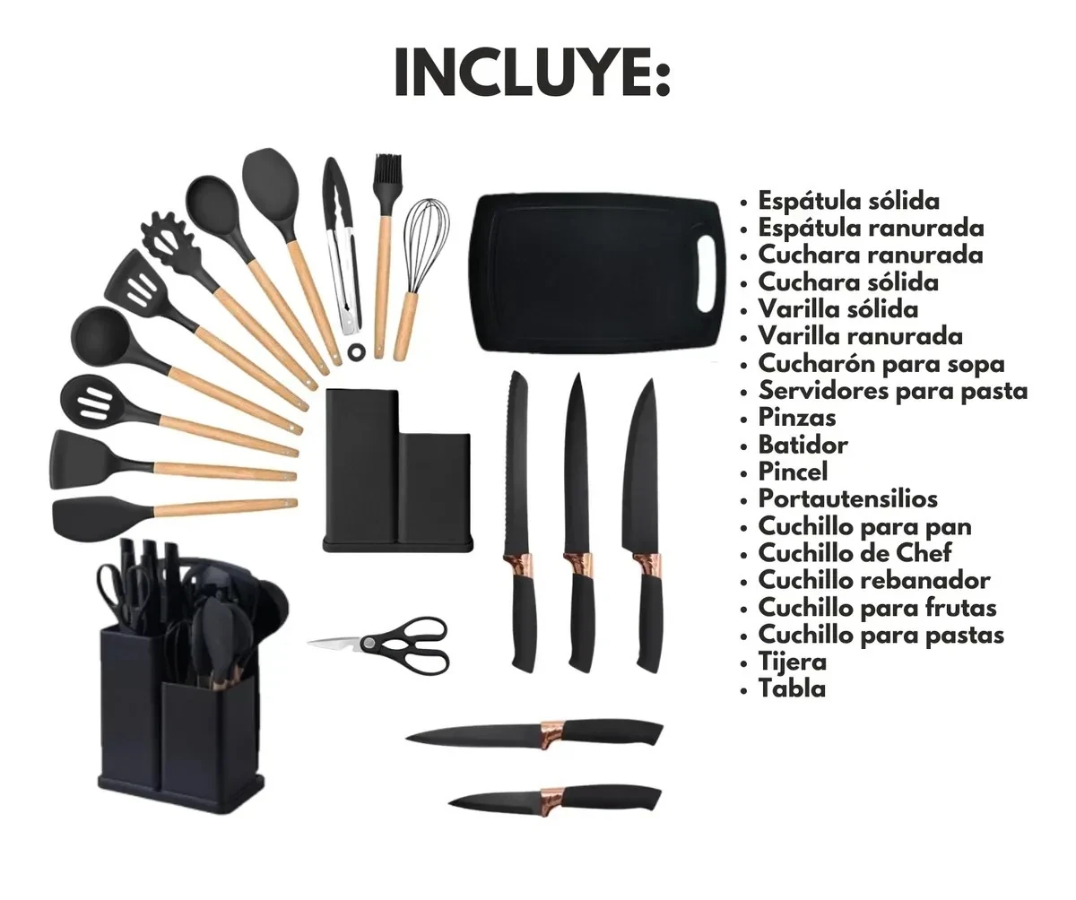 SET DE UTENSILIOS DE COCINA MANGO DE MADERA KIT X19 PUNTA DE SILICONA COLOR NEGRO