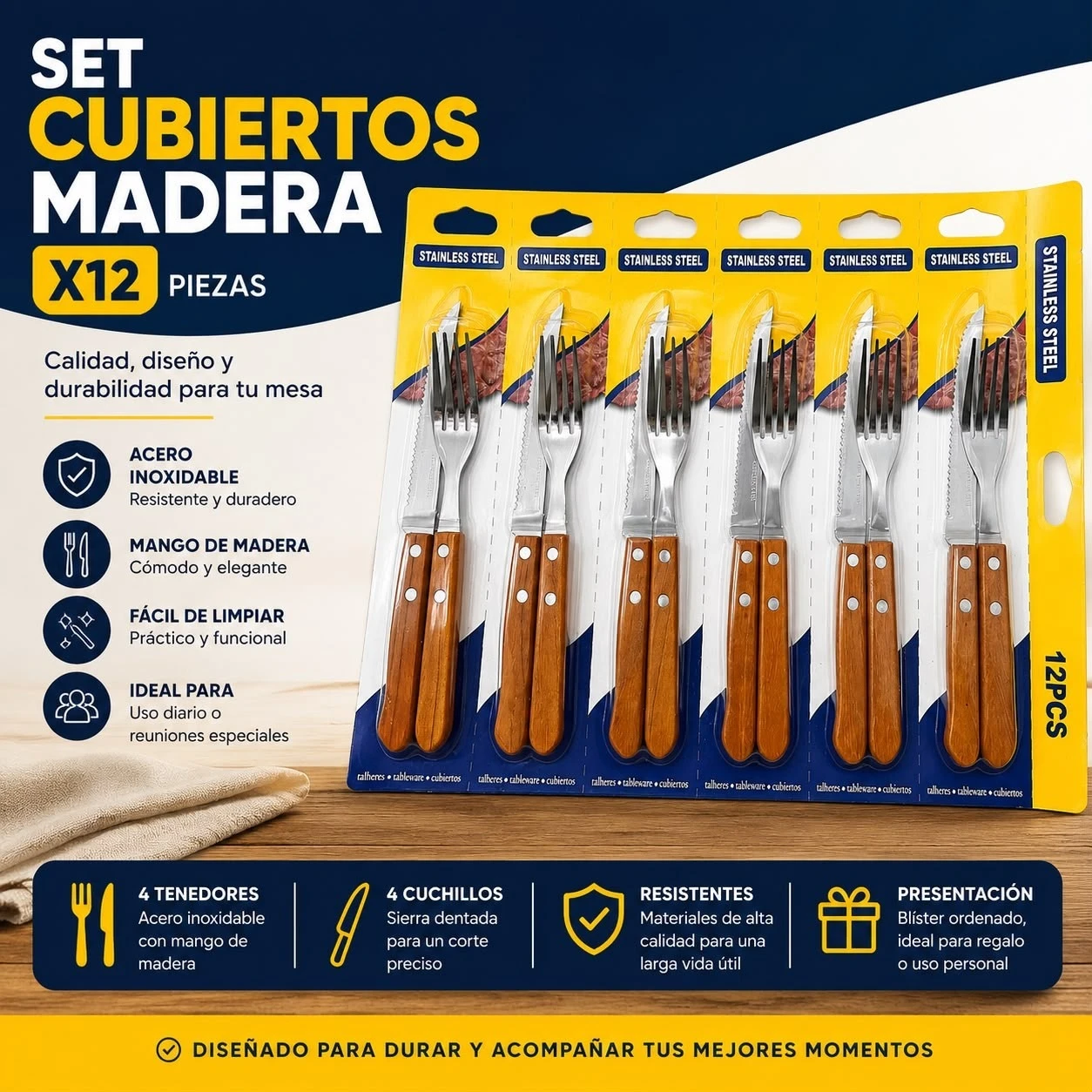 SET CUBIERTOS MADERA X12