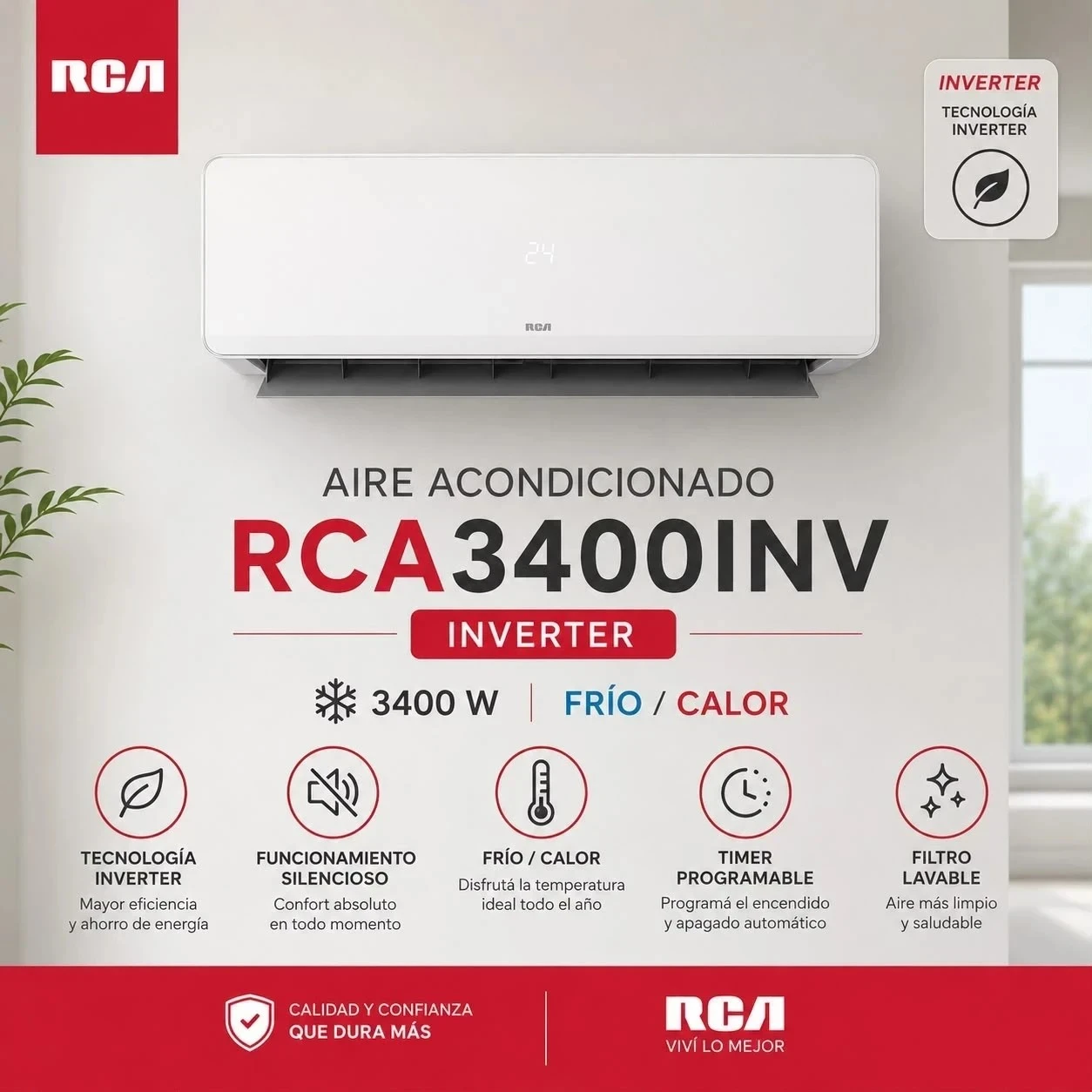 AIRE ACONDICIONADO 3400W RCA INVERTER FRIO/CALOR RCA3400INV