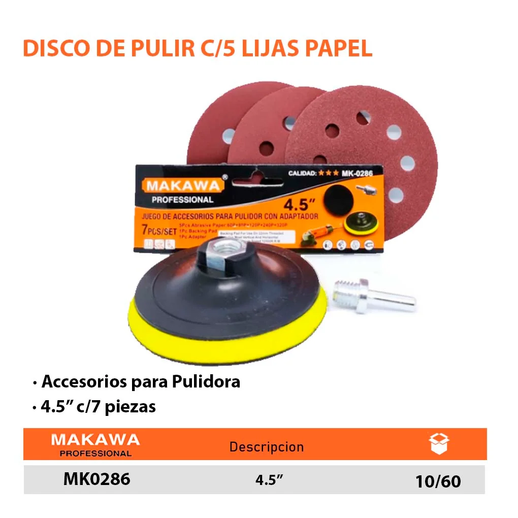 DISCO DE PULIR C/5 LIJAS PAPEL MKW 4" (115mm)
