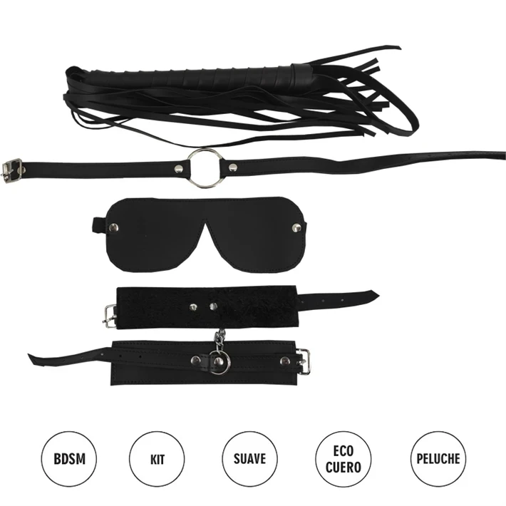 Kit ecocuero negro con antifaz, mordaza, esposas y latigo