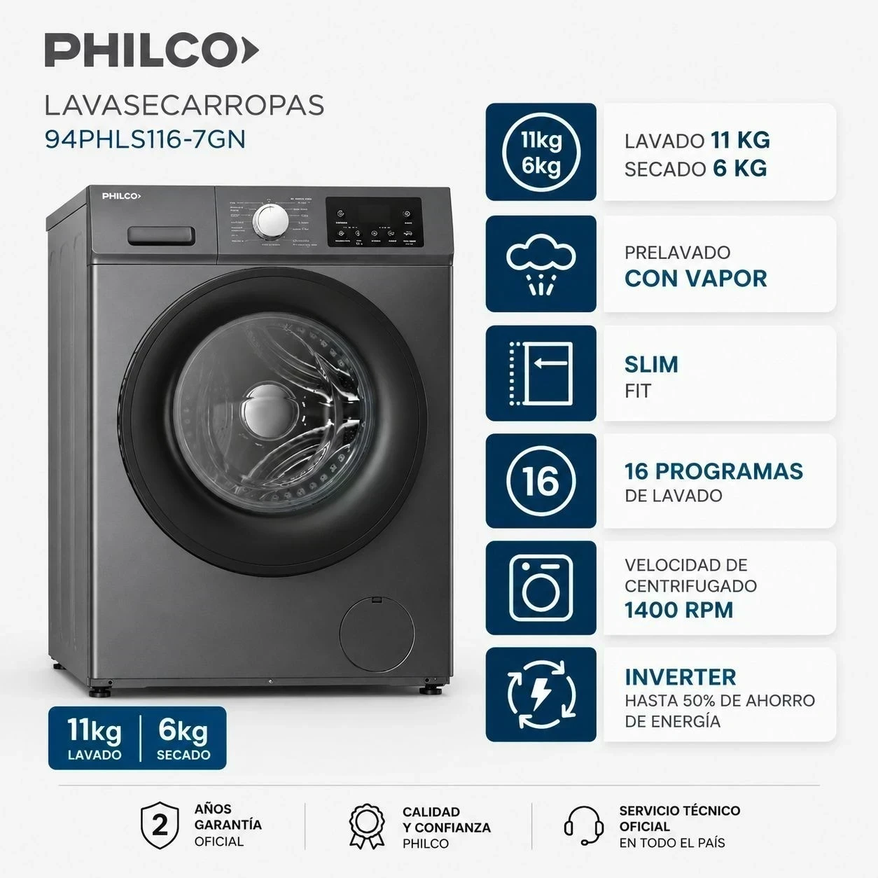 LAVASECARROPAS AUTOMÁTICO PHILCO 11KG SILVER INVERTER 