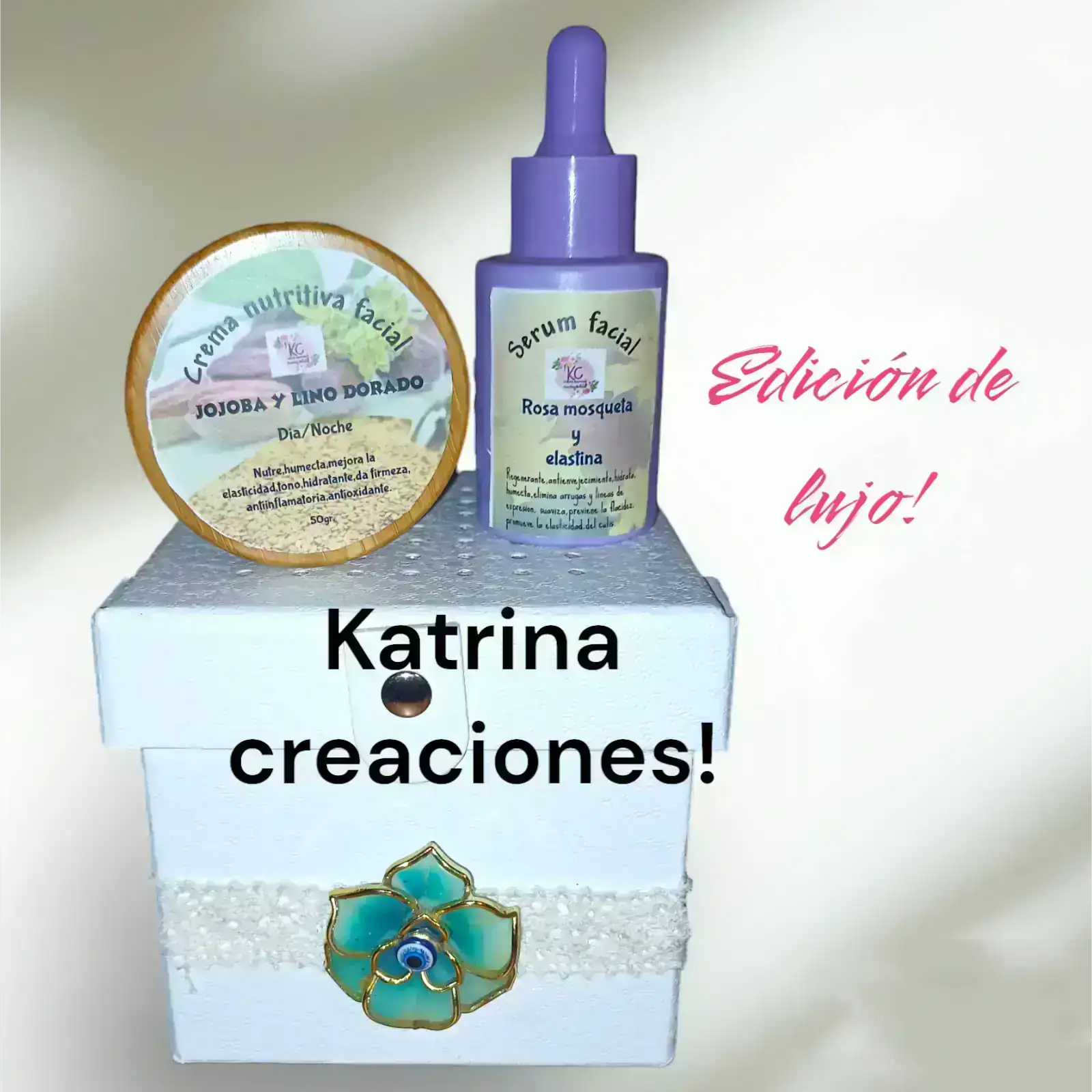 Kit edición de lujo,crema facial lino dorado /jojoba  y sérum.